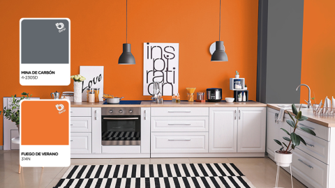 cocina naranja con gris berel