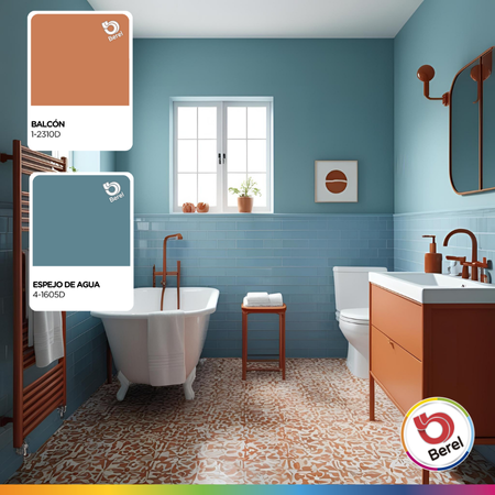 baño con paredes celestes y muebles naranjas pinturas berel