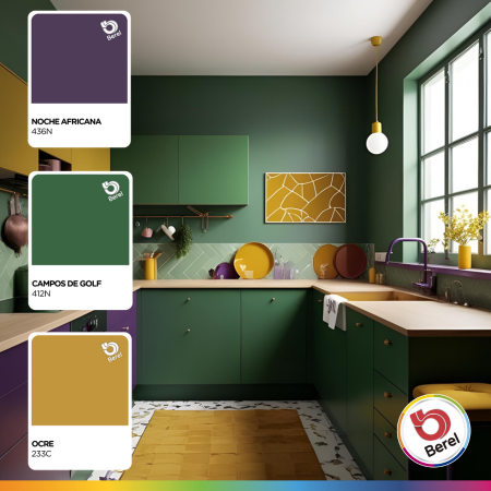 cocina verde, morado, amarillo pinturas berel